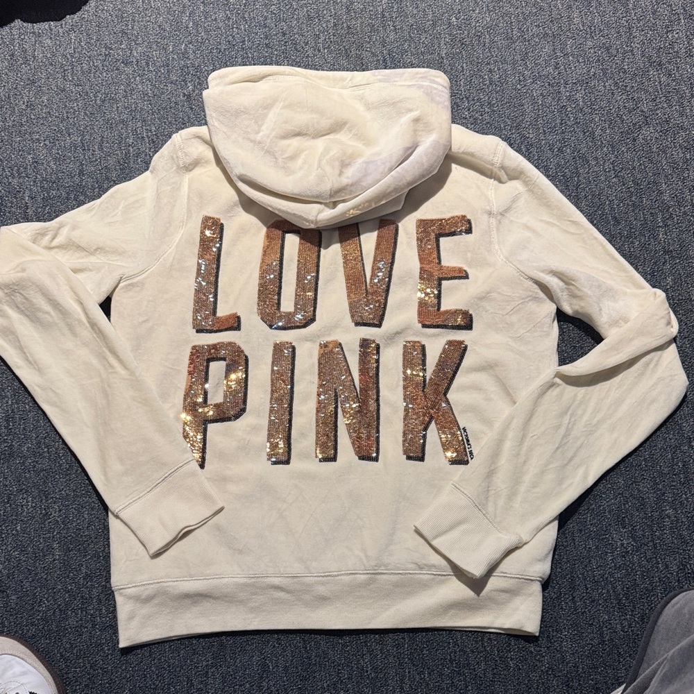 PINK Victoria's Secret Cream Hoodie with Gold Sequin Letters